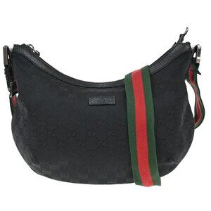 GUCCI Logo GG Pattern Sherry Shoulder Bag Canvas Leather Black Italy